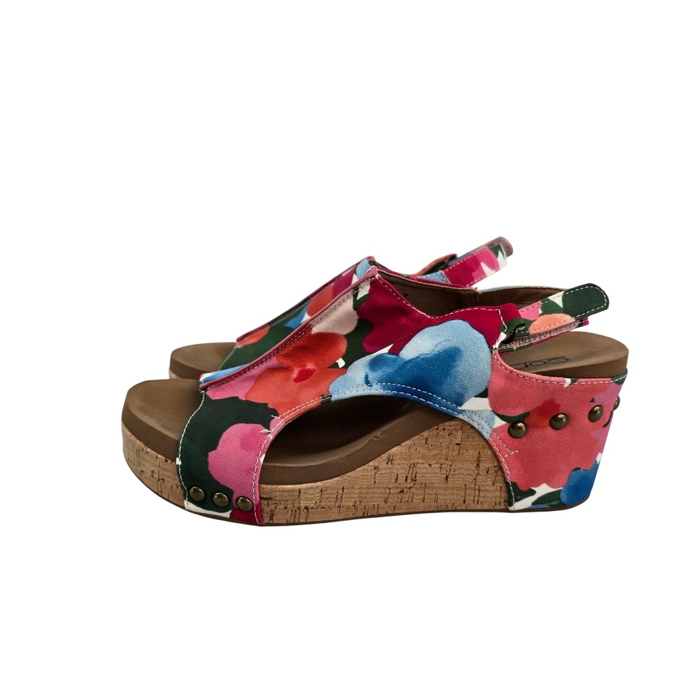 Corkys Carley Floral Wedge Sandals Multi Color Cork Platform Slingback Womens 7